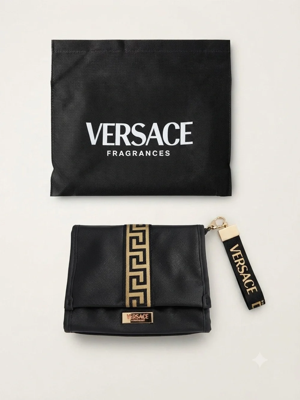 Versace Black and Gold Greek Key Wrist Strap Clutch